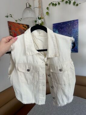 Cream Raw-Edge Denim Vest